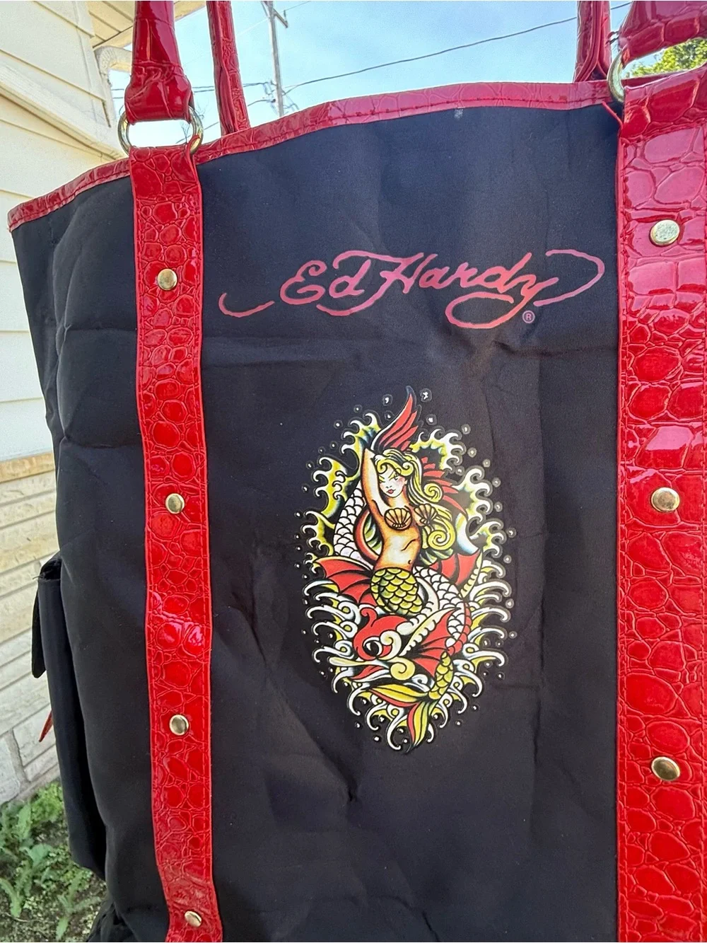 Ed Hardy Black Tote with Red Trim and Tattoo Graphic